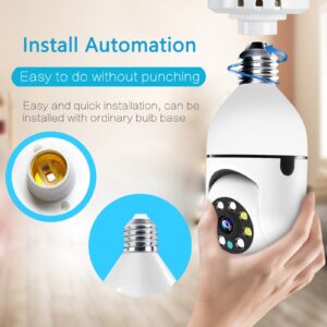 Hicvers Light Bulb Camera, 2MP WiFi Camera, Adjustable Vertical 90°Horizontal 355°, With Night Vision, Motion Detection Tracking, 2 Way Talk, Alexa Compatible, White