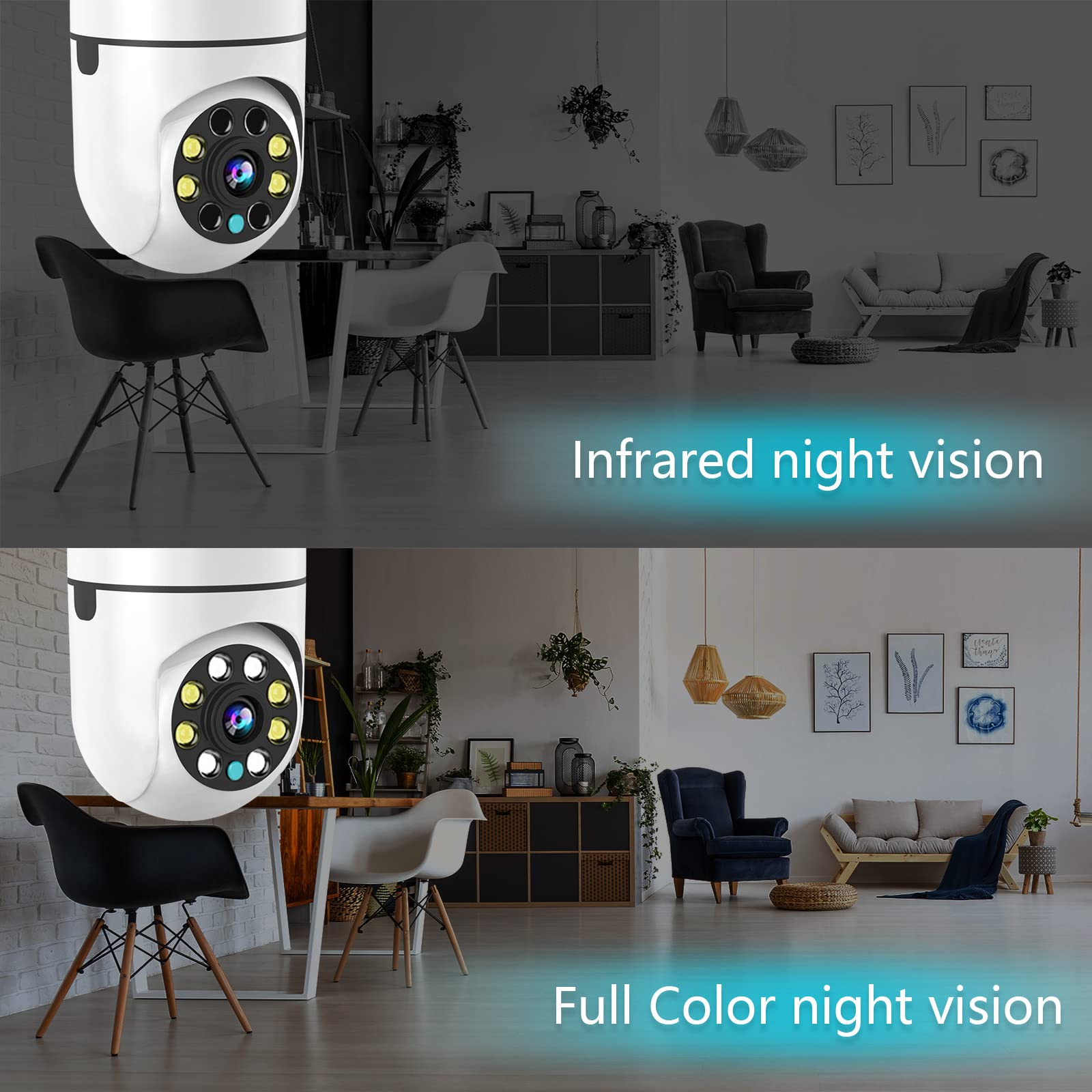 Hicvers Light Bulb Camera, 2MP WiFi Camera, Adjustable Vertical 90°Horizontal 355°, With Night Vision, Motion Detection Tracking, 2 Way Talk, Alexa Compatible, White