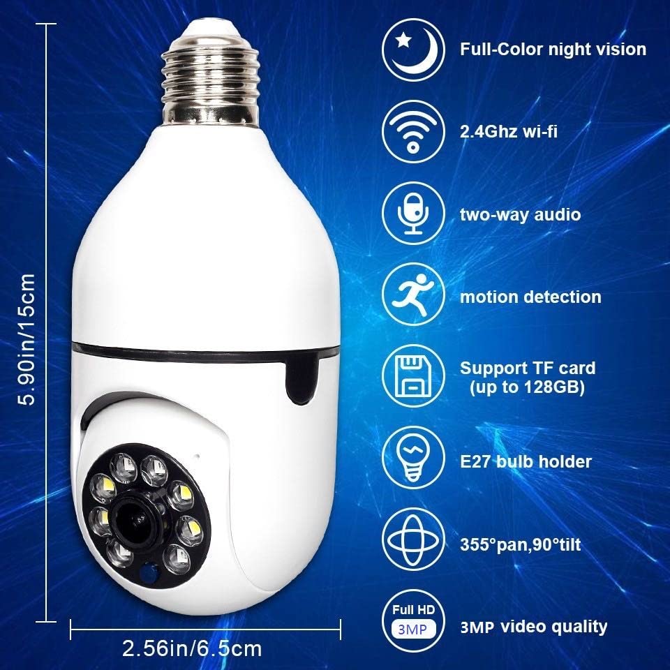 3MP Light Bulb Security Camera for Home Security, 360° WiFi Smart Light Socket Security Camera Outdoor Wireless, Lightbulb Camera with Motion Detection, Two Way Talk, Compatible with Alexa (1Pack)