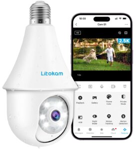 2.4ghz security cameras wireless outdoor, litokam 4mp 2k home security cameras 360 bulb with ai motion detection, easy install for wifi camera outdoor, siren alarm, full color all day, 24/7 recording