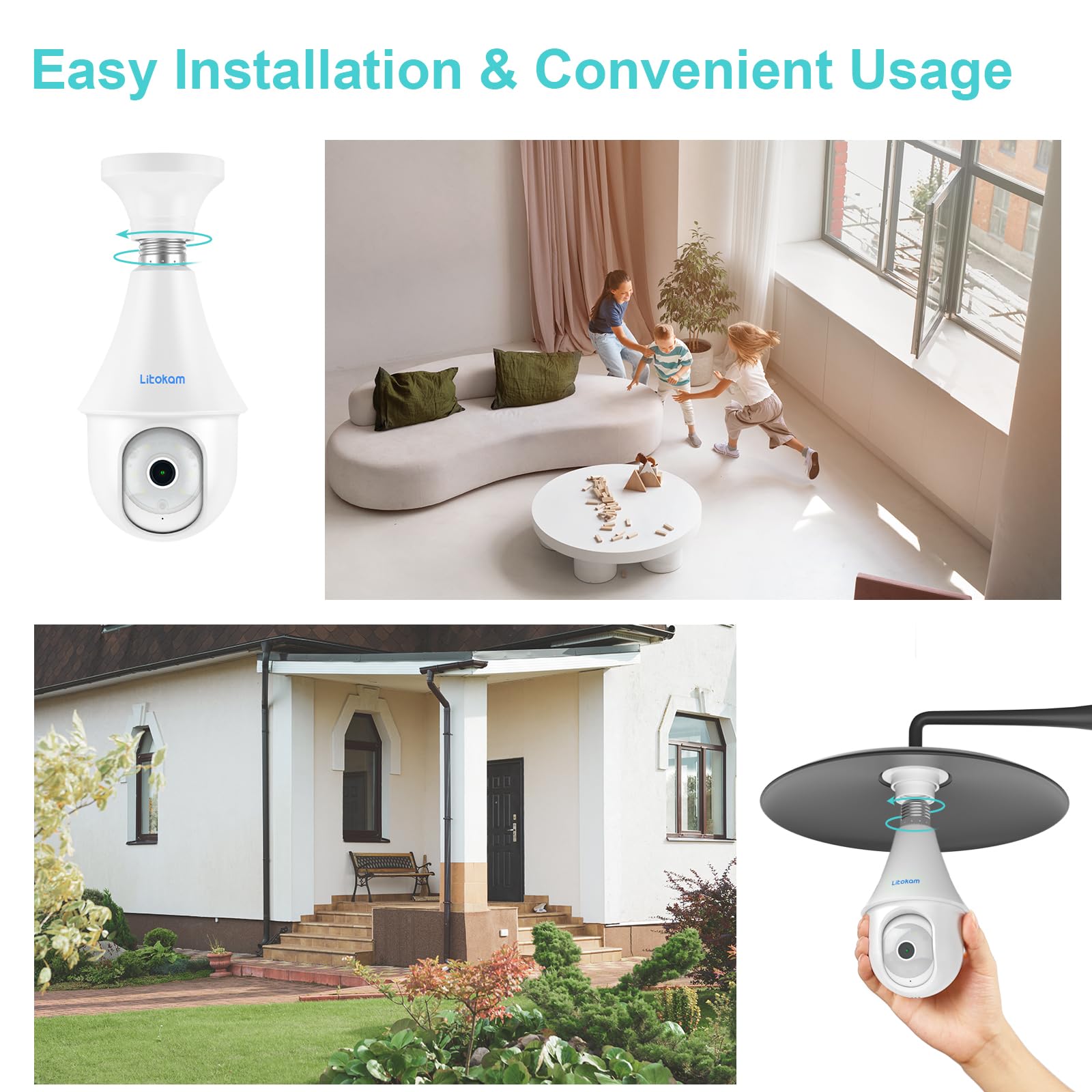 2.4GHz Security Cameras Wireless Outdoor, litokam 4MP 2K Home Security Cameras 360 Bulb with AI Motion Detection, Easy Install for WiFi Camera Outdoor, Siren Alarm, Full Color All Day, 24/7 Recording