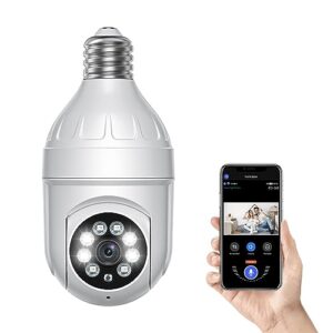 bitepass 1080p light bulb wireless security camera, 355° panoramic dome cam, live view, ai human detection, 2-way audio, color night vision, cloud storage, spotlights, indoor outdoor surveillance