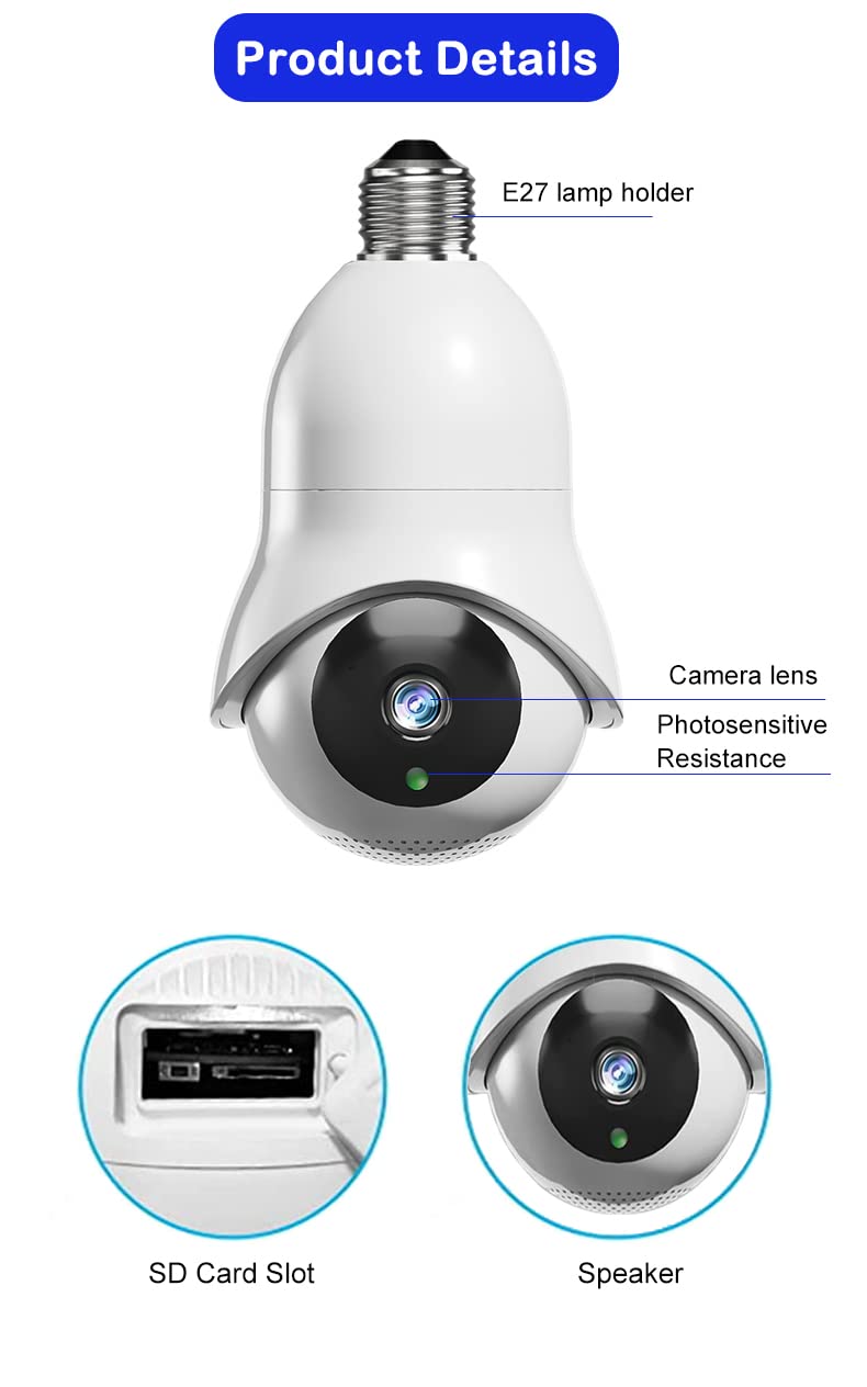 bluedery Light Bulb Camera 2.4GHz & 5G WiFi, 1080P E27 Light Bulb Camera Security Camera, Indoor 360°Home Security Cameras, Full Color Day and Night, Smart Motion Detection, Two-Way Audio