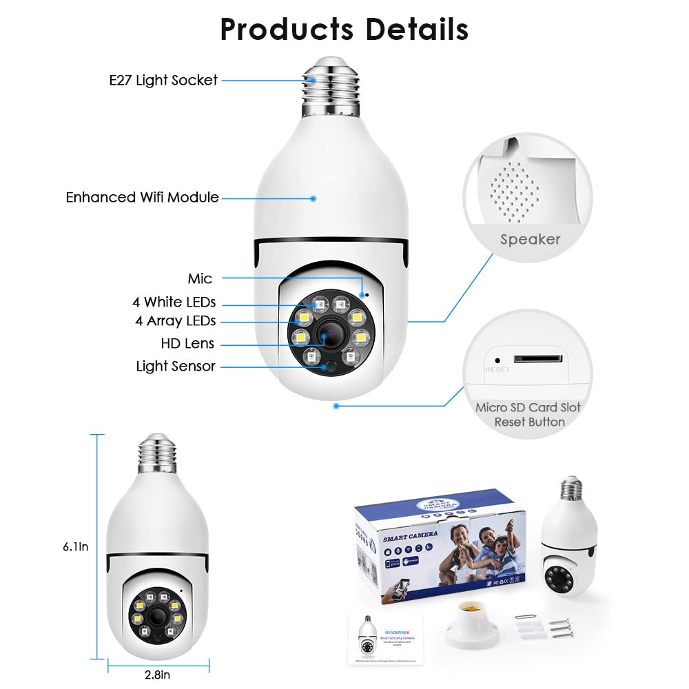 EVERSECU 1080P 2.0MP Wireless Light Bulb PTZ Security Camera with E27 Connector, Motion Auto Tracking, Two Way Audio, Night Vision, Tuya Smart Life App WiFi IP PTZ CCTV Camera (4 Pack)