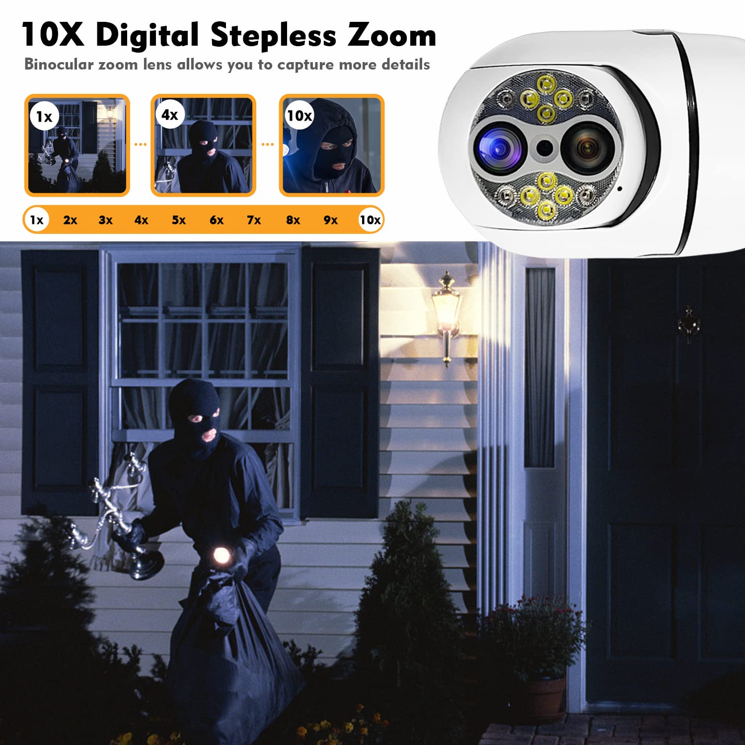 10X Hybrid Zoom Light Bulb Security Camera, 2MP Light Socket Security Camera Outdoor Indoor, Wireless WiFi Home Security Cameras, Full Color Night Vision, Two-Way Dialogue, Motion Tracking