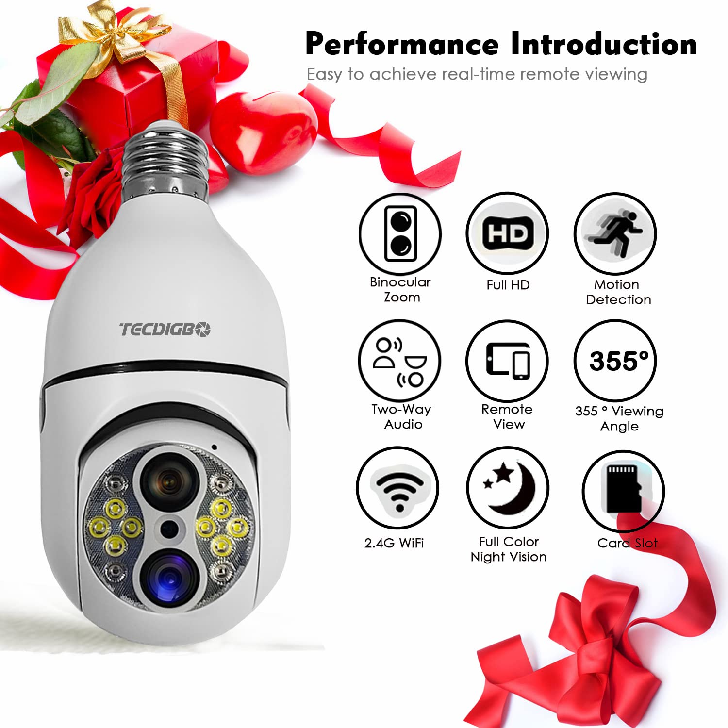 10X Hybrid Zoom Light Bulb Security Camera, 2MP Light Socket Security Camera Outdoor Indoor, Wireless WiFi Home Security Cameras, Full Color Night Vision, Two-Way Dialogue, Motion Tracking