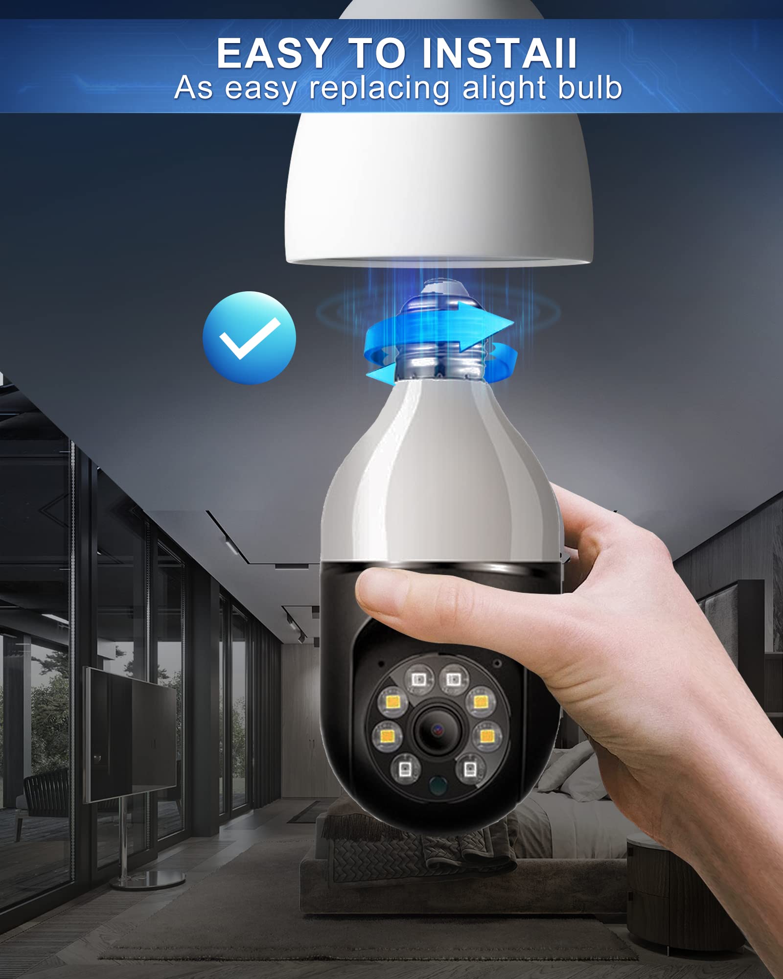 E27 360° Security Cameras Wireless Outdoor, 2.4GHz & 5G WiFi Light Bulb Security Camera, 1080p Video Surveillance for Home Security, Indoor Night Vision Cam System, Motion Detection, Two-Way Talk