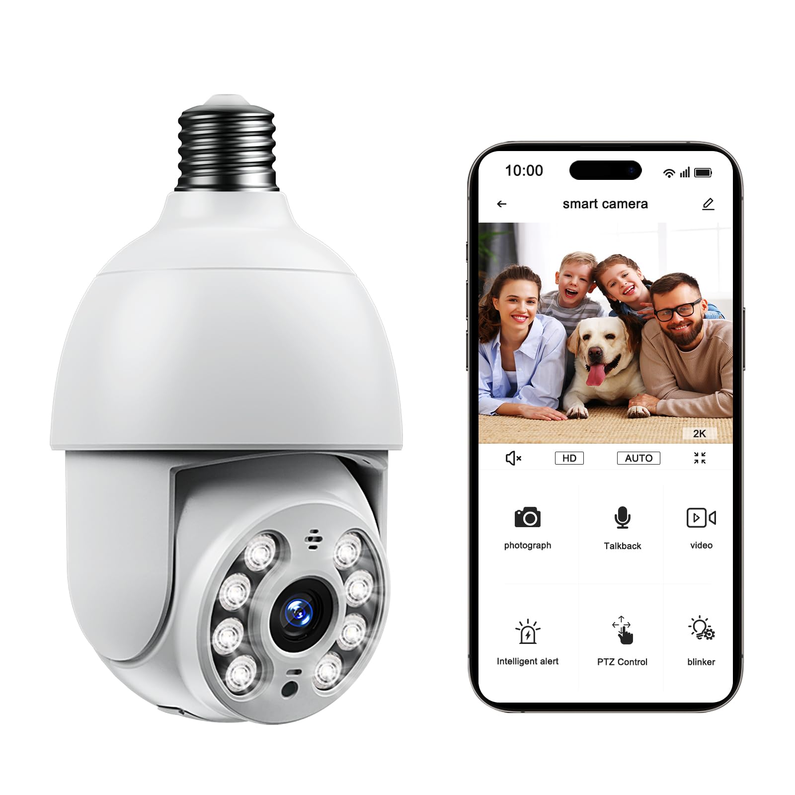 4MP Light Bulb Security Camera, 360° 2K Security Cameras Wireless 2.4GHz Outdoor/Indoor with Color Night Vision, Motion Detection, Audible Alarm, Auto Motion Tracking, SD&Cloud Storage with Alexa