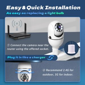 BJR 2K / 3MP Light Bulb Security Camera, 5G & 2.4G WiFi Security Camera Wireless Outdoor Indoor 360 Camera for Home with Color Night Vision Motion&Siren Alert Auto Motion E27 Socket