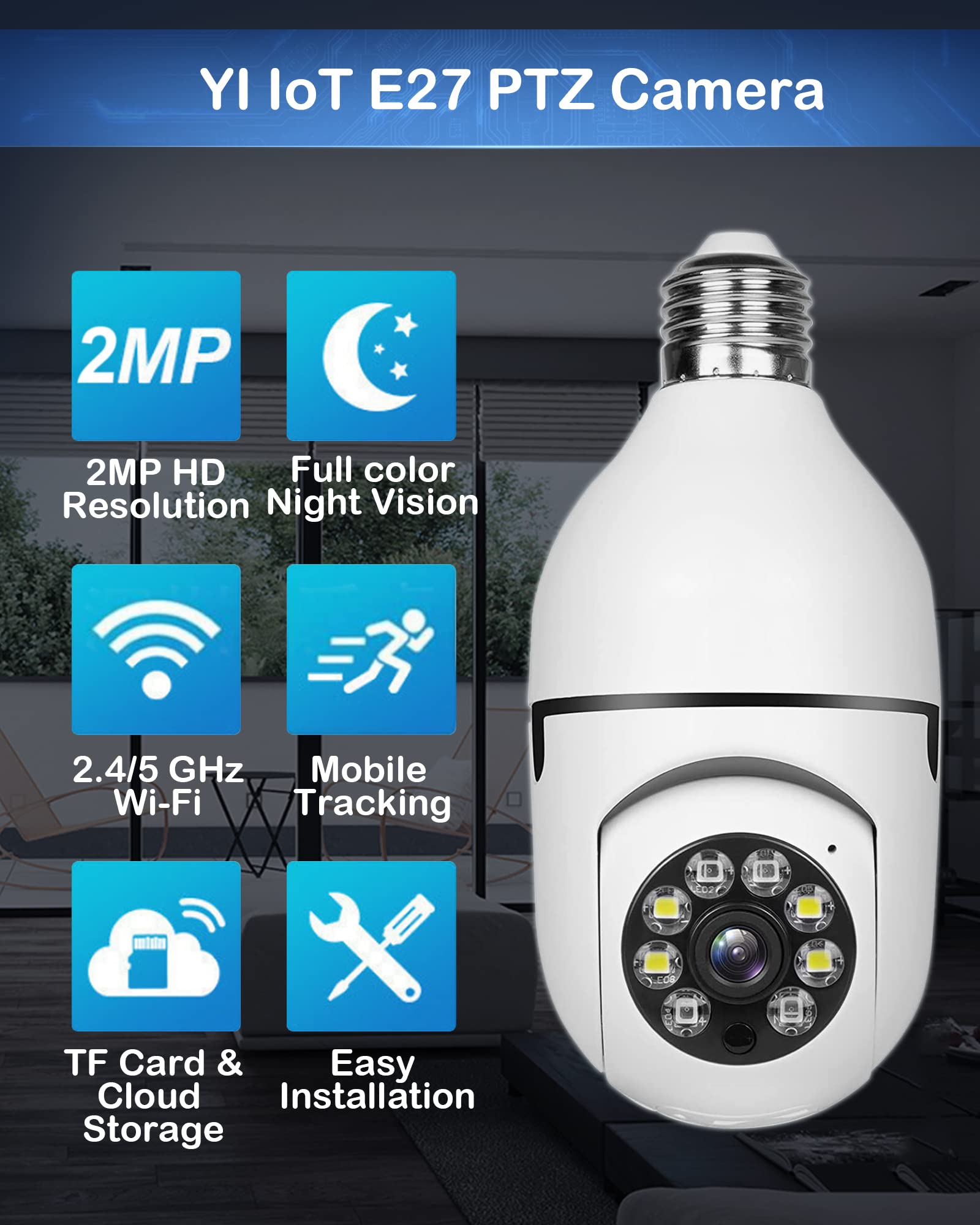 bluedery E27 360° Light Bulb Camera, 2.4GHz & 5G WiFi Security Cameras Wireless, 1080p Night Vision Home Security, Indoor Video Surveillance System, Motion Sensor Detection, Two-Way Audio-Talk