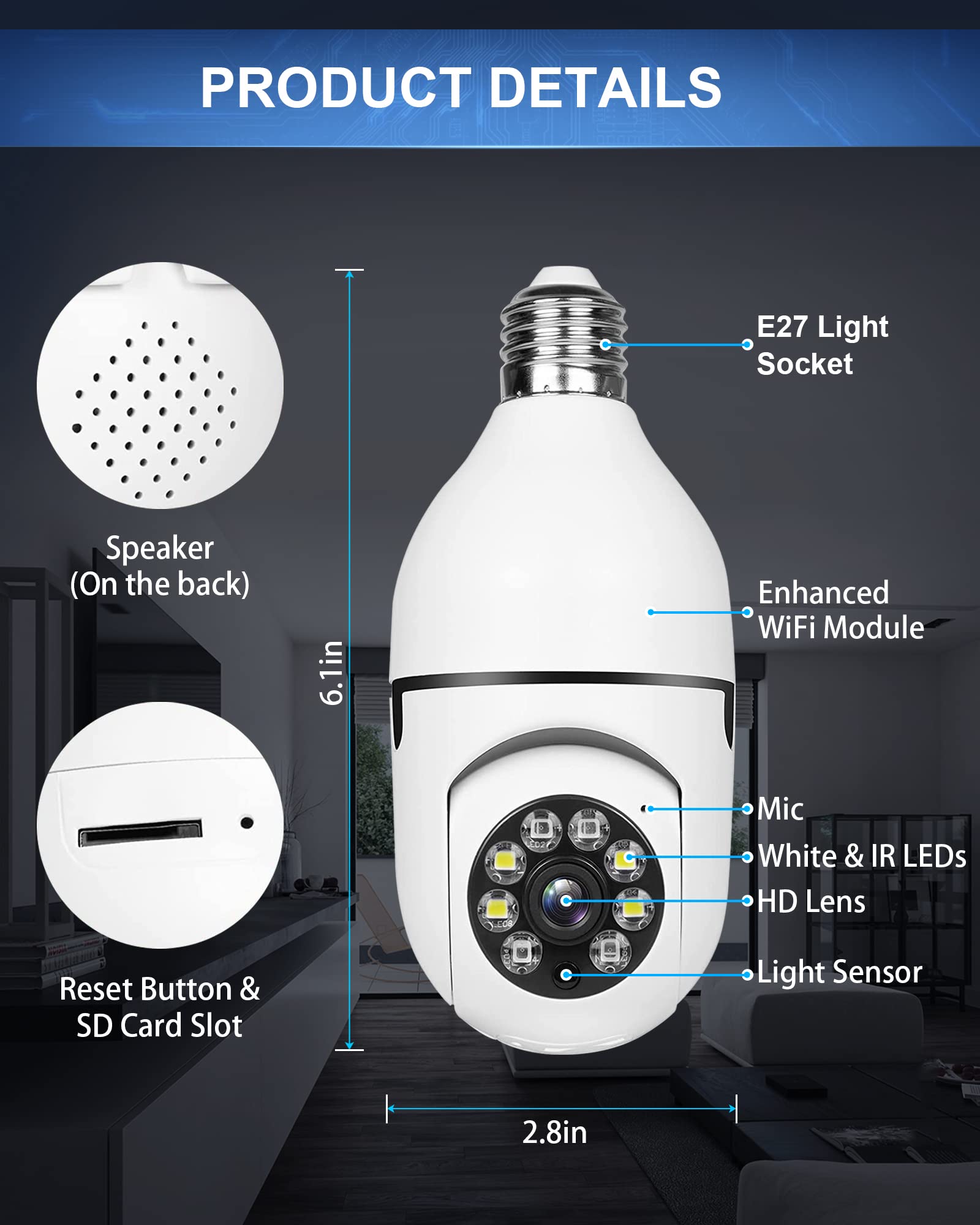 bluedery E27 360° Light Bulb Camera, 2.4GHz & 5G WiFi Security Cameras Wireless, 1080p Night Vision Home Security, Indoor Video Surveillance System, Motion Sensor Detection, Two-Way Audio-Talk