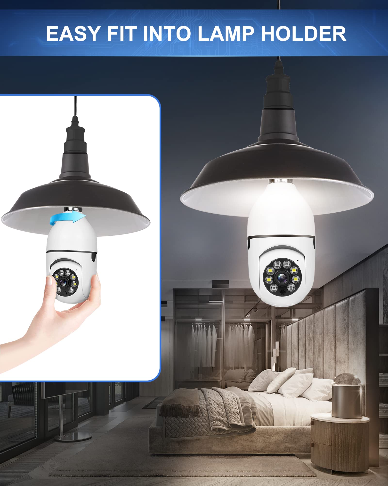 bluedery E27 360° Light Bulb Camera, 2.4GHz & 5G WiFi Security Cameras Wireless, 1080p Night Vision Home Security, Indoor Video Surveillance System, Motion Sensor Detection, Two-Way Audio-Talk