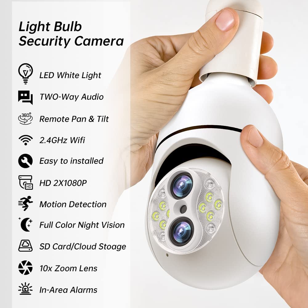 E27 Light Bulb Security Camera(Dual Lens), 10XHybrid Zoom Wifi Light Bulb Camera, Two-Way Talk Voice, Color HD Night Vision, Tracking, Sound And Light Alarm, Panoramic Light Bulb Camera 360°(2.4Ghz)