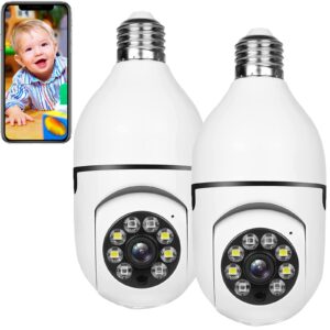 2mp wireless light bulb camera, 2 pack light bulb camera wifi outdoor for home security, light socket security cameras 360 degree color night vision, 24/7 recording motion auto tracking 2-way audio