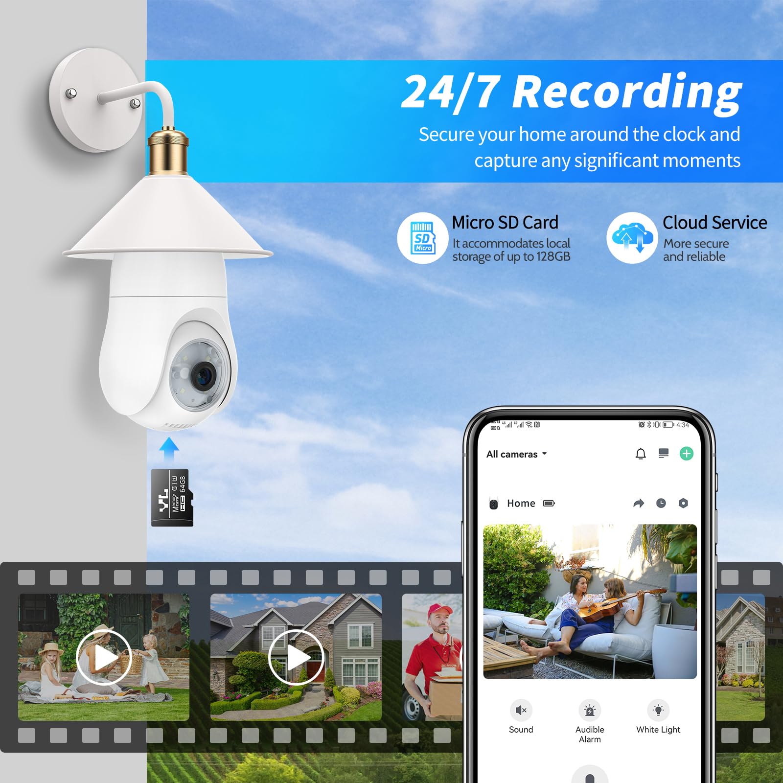 Light Bulb Security Camera 2K Indoor/Outdoor Full Color Night Vision Lightbulb, 2.4GHz Wireless WiFi 360° Cameras Bulbs, Auto Motion Tracking, Audible Alarm, Easy Install, 24/7 SD & Cloud Recording