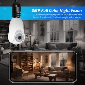 Light Bulb Security Camera 2K Indoor/Outdoor Full Color Night Vision Lightbulb, 2.4GHz Wireless WiFi 360° Cameras Bulbs, Auto Motion Tracking, Audible Alarm, Easy Install, 24/7 SD & Cloud Recording