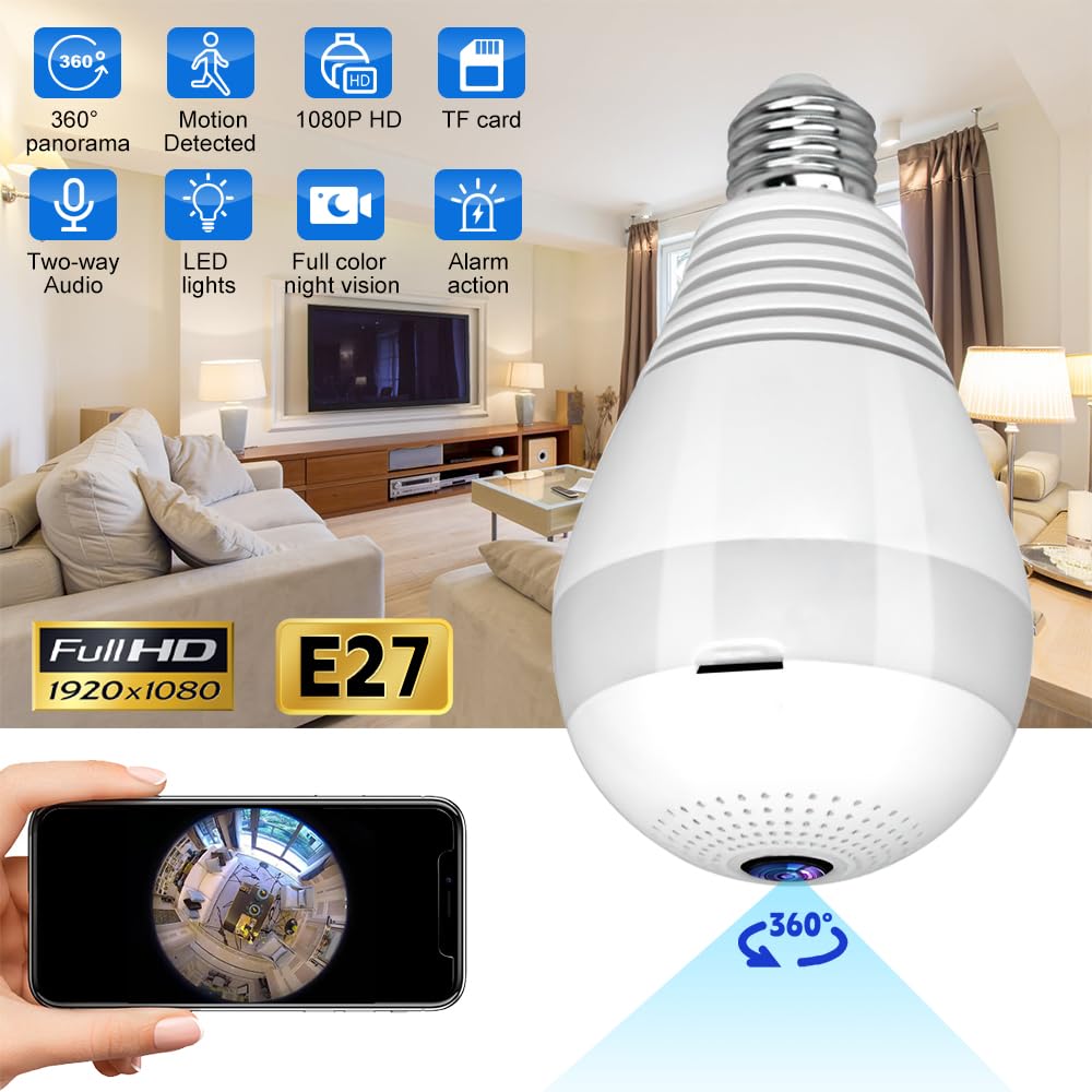 SOAMOEU 360°Security WiFi Camera Bulb HD 1080P Home Security Light Camera, Full Color Night Vision Wireless Bulb Camera