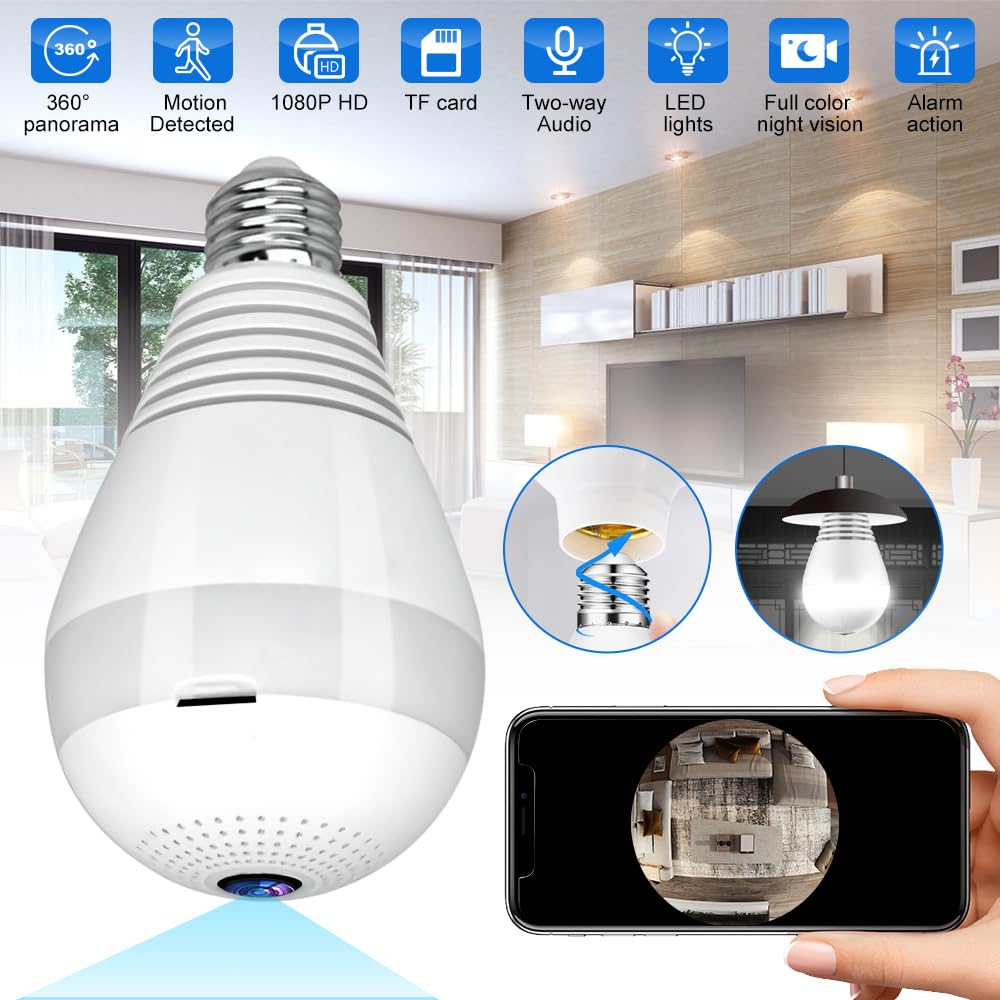 SOAMOEU 360°Security WiFi Camera Bulb HD 1080P Home Security Light Camera, Full Color Night Vision Wireless Bulb Camera