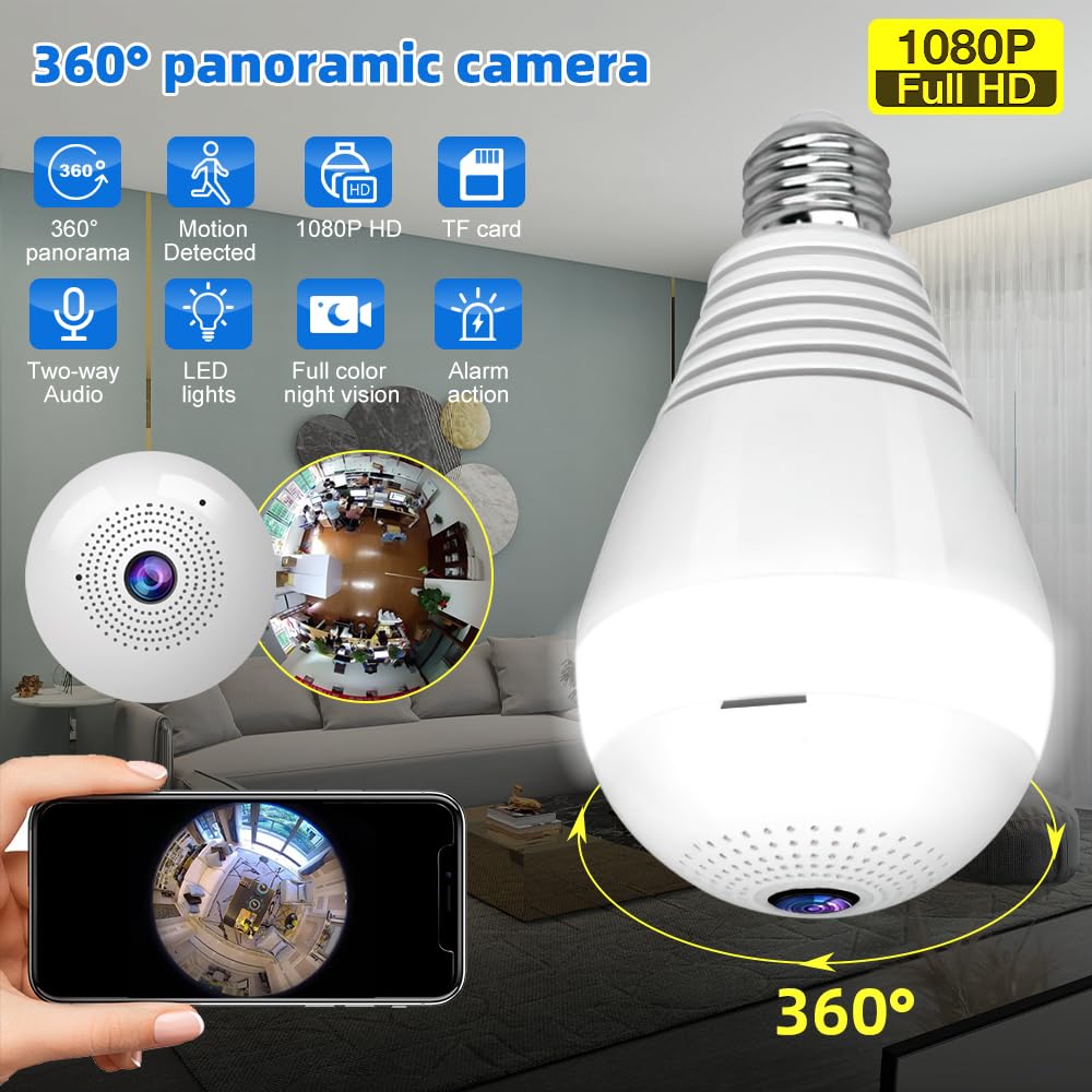 SOAMOEU 360°Security WiFi Camera Bulb HD 1080P Home Security Light Camera, Full Color Night Vision Wireless Bulb Camera