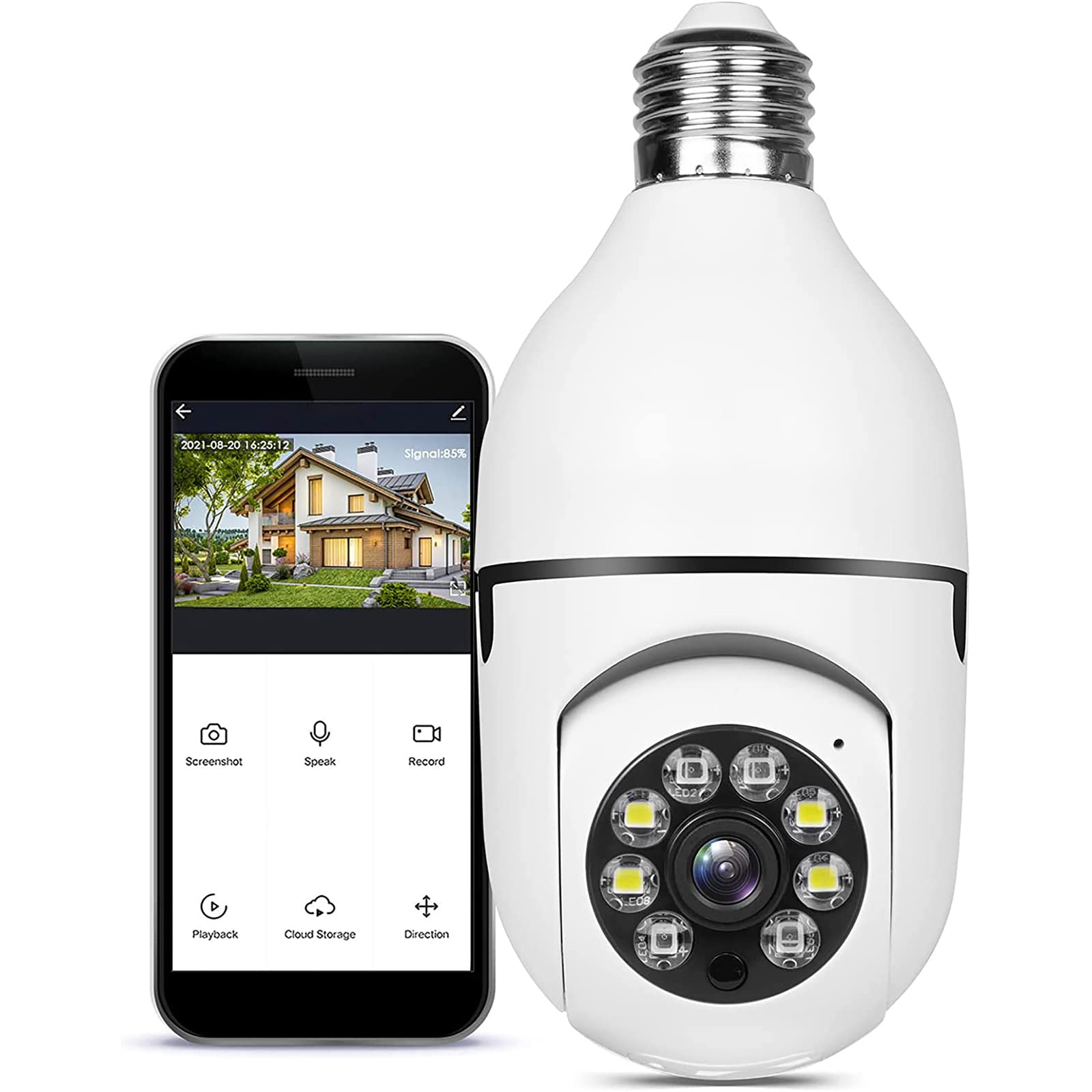 WiFi Light Bulb Camera/1080P Security Camera/2.4GHz WiFi Smart 360°Panoramic Indoor Surveillance Camera with Night Vision Motion Detection Alarm Two-Way-Talk Phone Remote View Outdoor (White-1pcs)