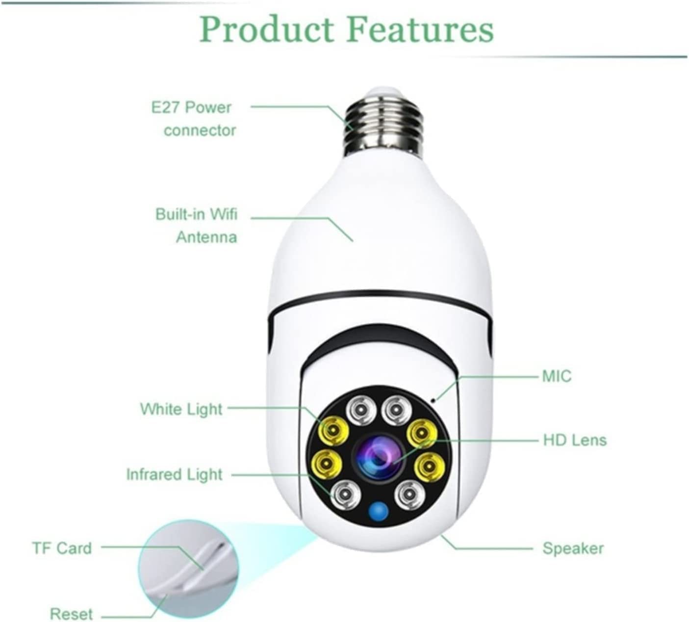 WiFi Light Bulb Camera/1080P Security Camera/2.4GHz WiFi Smart 360°Panoramic Indoor Surveillance Camera with Night Vision Motion Detection Alarm Two-Way-Talk Phone Remote View Outdoor (White-1pcs)