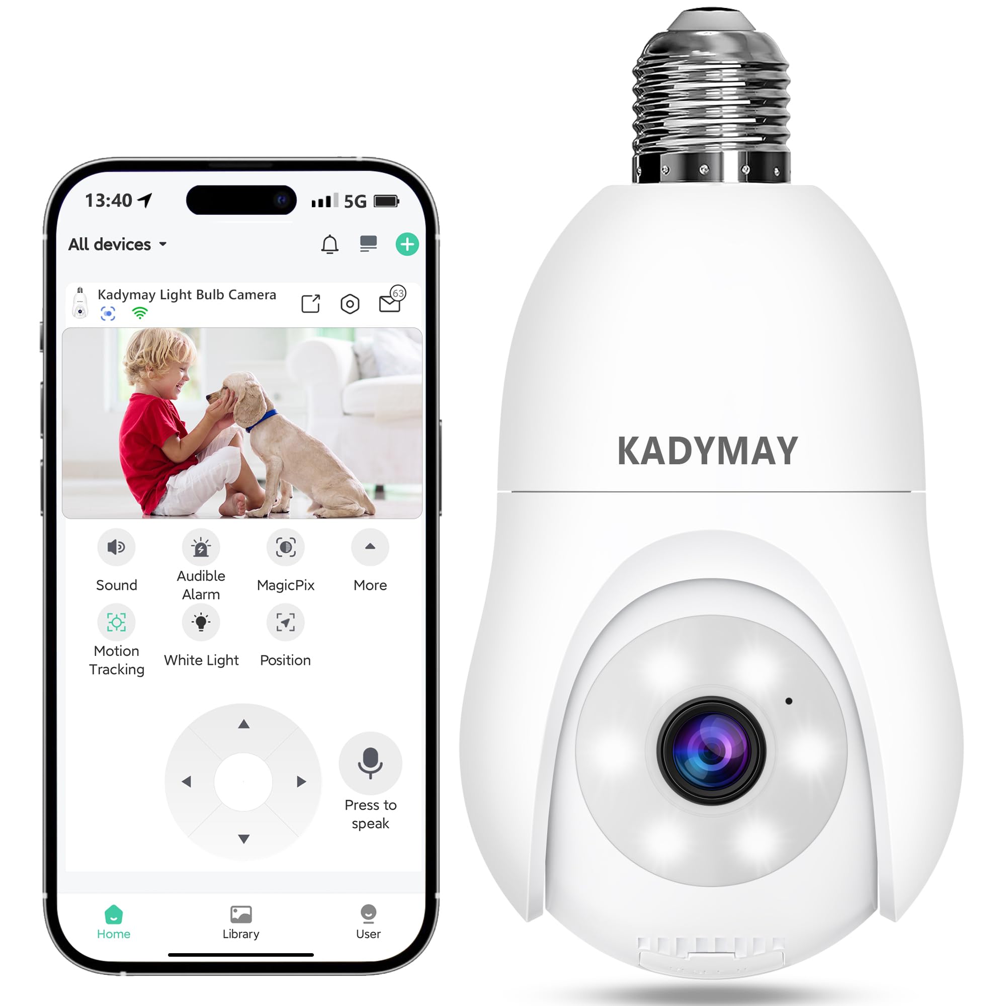 Kadymay 2K Light Bulb Security Camera, 2.4G WiFi 360° Screw in E27 Light Socket Camera Lightbulb Outdoor/Indoor, Smart 2-Way Audio Light Bulb Camera with Motion Detection and Auto Tracking