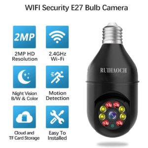 RUIHAOCH Wireless WiFi Light Bulb Camera Security Camera,1080P Pan Tilt Wireless 2.4Ghz 360 Degree E27 Panoramic IP Camera, Security Cameras with Vision Human Motion Detection and Alarm (Black)