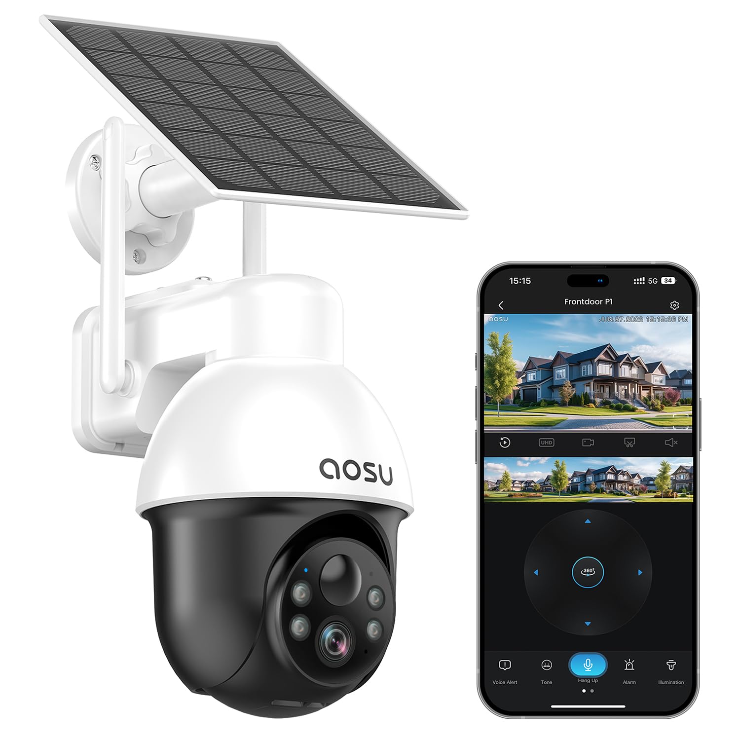 AOSU Solar Security Camera Wireless Outdoor System, 3K/5MP Battery Powered WiFi Camera for Home Security, Panoramic PTZ, Auto Tracking, Human/Vehicle Detection, Night Vision, Spotlights, 2-Way Talk