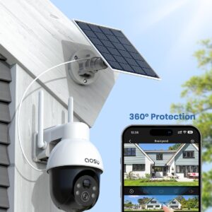 AOSU Solar Security Camera Wireless Outdoor System, 3K/5MP Battery Powered WiFi Camera for Home Security, Panoramic PTZ, Auto Tracking, Human/Vehicle Detection, Night Vision, Spotlights, 2-Way Talk