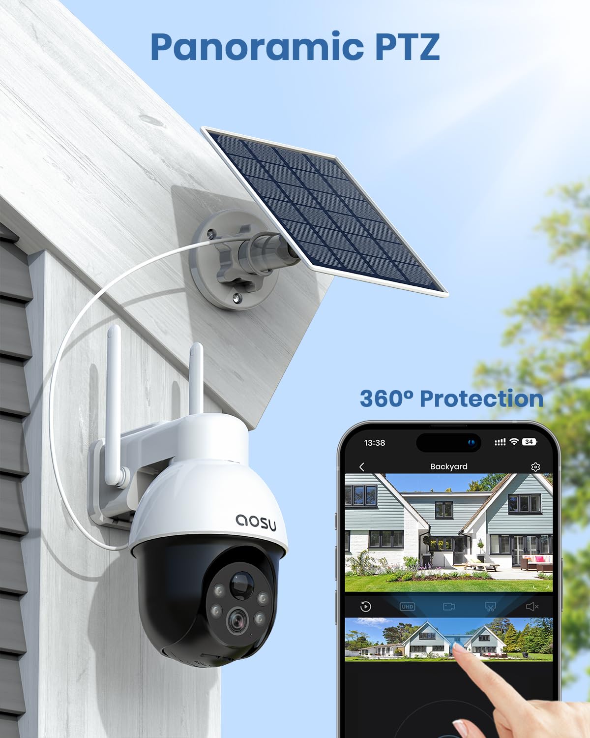 AOSU Solar Security Camera Wireless Outdoor System, 3K/5MP Battery Powered WiFi Camera for Home Security, Panoramic PTZ, Auto Tracking, Human/Vehicle Detection, Night Vision, Spotlights, 2-Way Talk