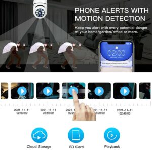 Security Camera, Full-HD 1080P 360° Panoramic 2.4G&5Ghz Wireless WiFi Camera,LED Light Bulb Camera with Infrared Night Vision & Motion Detection & 2-Way Audio Home Camera for Baby/Elder/Pet +32GB