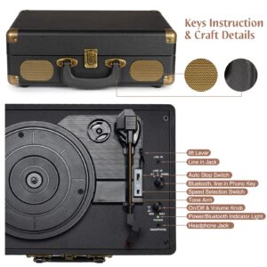 Vinyl Record Player 3-Speed Bluetooth Suitcase Portable Belt-Driven Record Player with Built-in Speakers RCA Line Out AUX in Headphone Jack Vintage Turntable