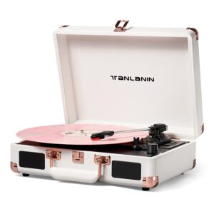 vinyl record player bluetooth vintage 3-speed portable suitcase turntables with built-in speakers, belt-driven lp player support usb recording aux-in rca line out headphone jack, white