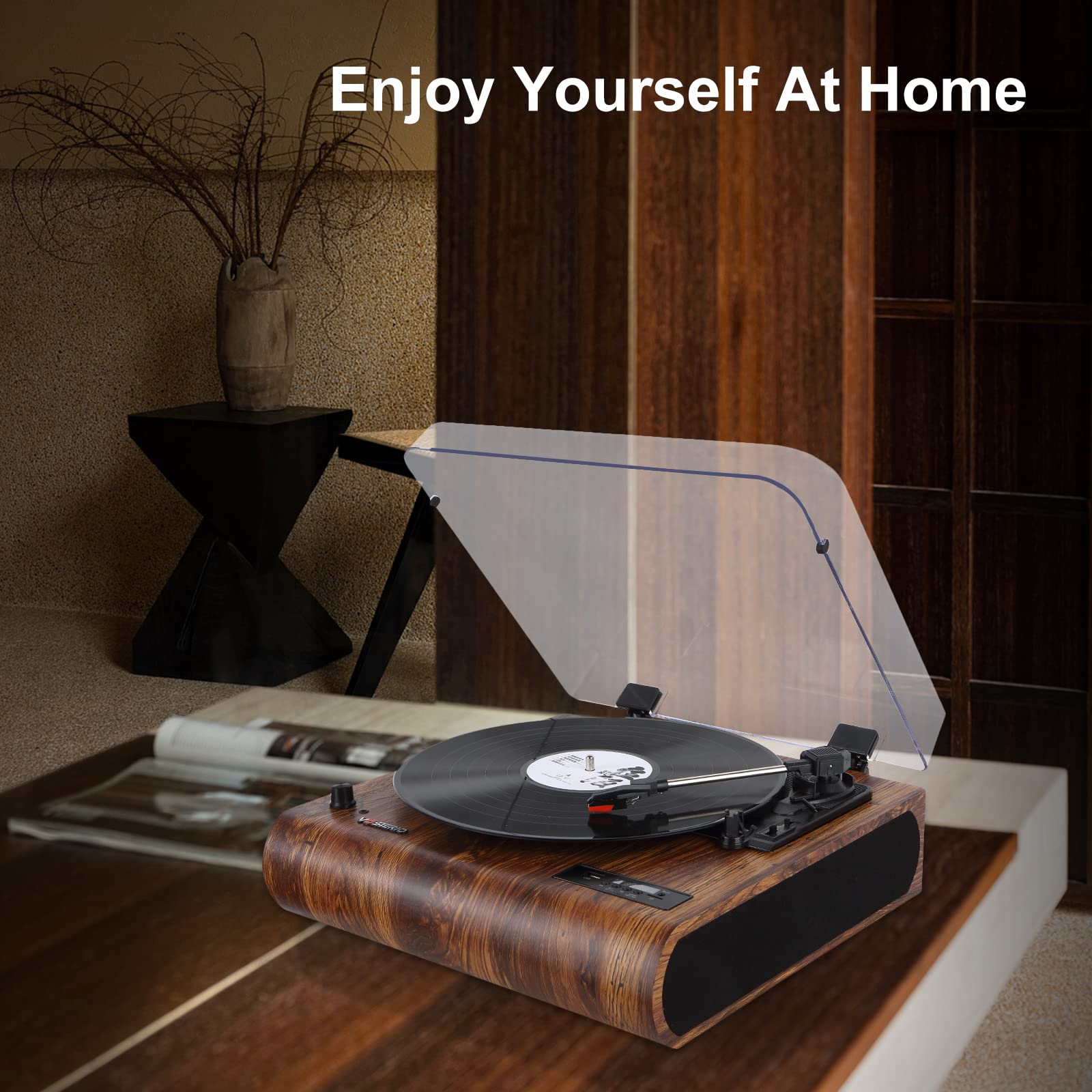 VOSTERIO Bluetooth Record Player, 3 Speed Turntable with Built-in Speakers, Retro LP Vinyl Player with BT Input & Output, FM Radio, USB & SD Card Recording, Aux in, LED Display