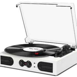 Vinyl Record Player with Built-in Stereo Speakers and Bass Adjust, Vintage 3-Speed Portable LP Turntable with Upgraded Audio Sound, Bluetooth Input, RCA/AUX/Headphone Jack, White Wood