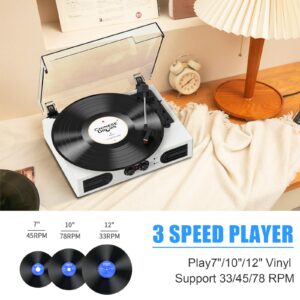 Vinyl Record Player with Built-in Stereo Speakers and Bass Adjust, Vintage 3-Speed Portable LP Turntable with Upgraded Audio Sound, Bluetooth Input, RCA/AUX/Headphone Jack, White Wood