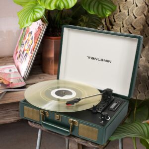 Vintage 3-Speed Bluetooth Portable USB Suitcase Record Player with Built-in Speakers | Upgraded Vinyl Turntable Audio Sound| Includes Extra Stylus & Mat | Green