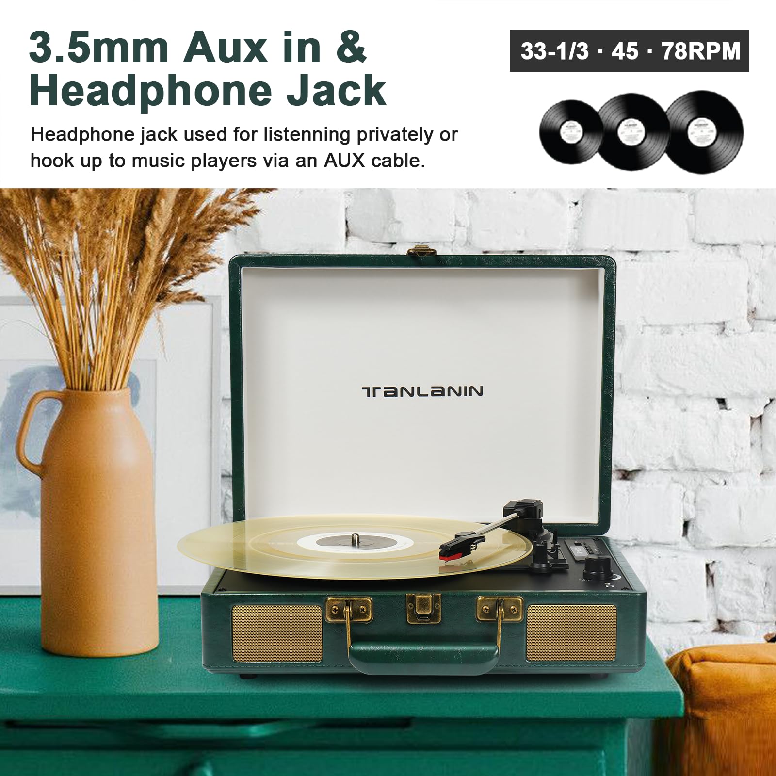 Vintage 3-Speed Bluetooth Portable USB Suitcase Record Player with Built-in Speakers | Upgraded Vinyl Turntable Audio Sound| Includes Extra Stylus & Mat | Green