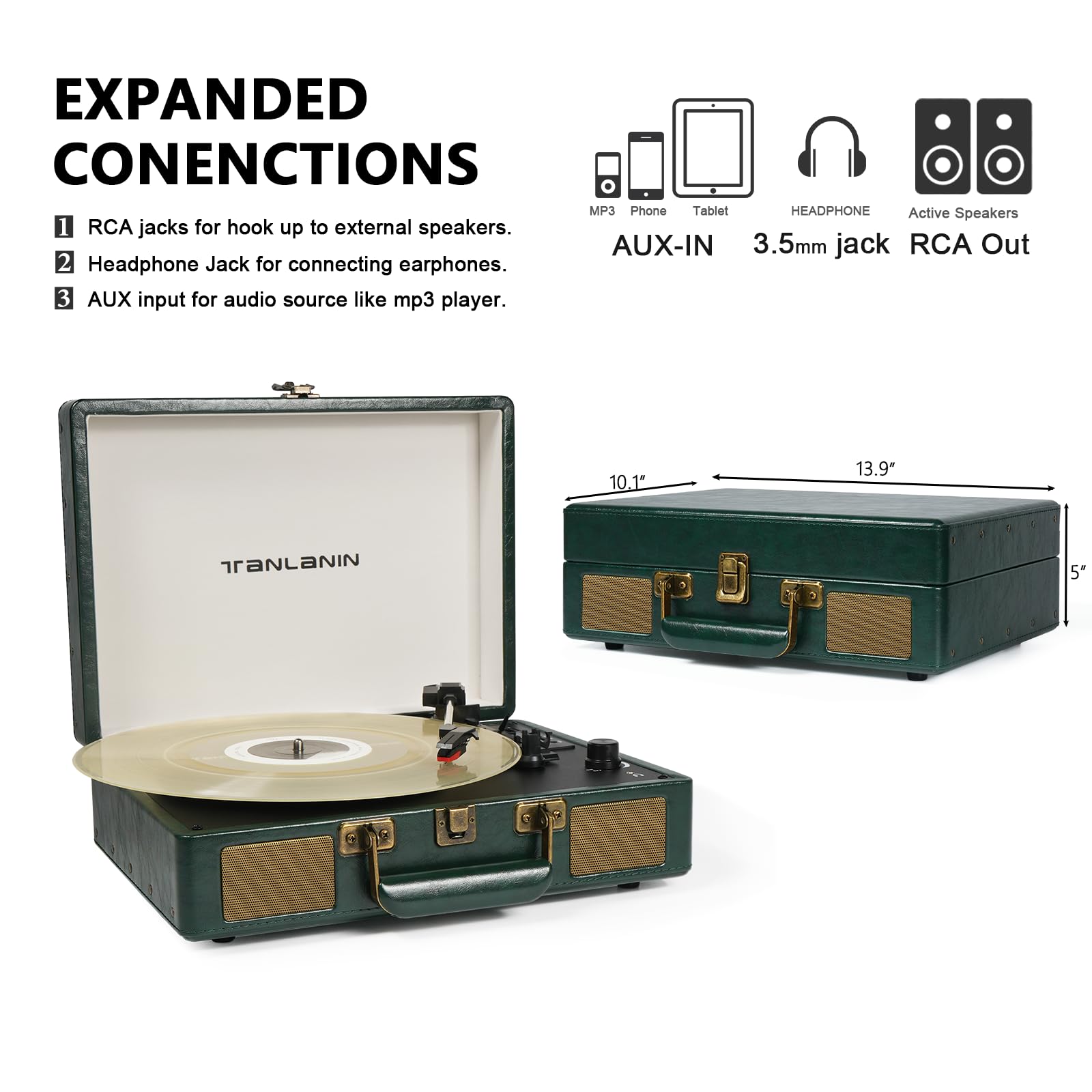 Vintage 3-Speed Bluetooth Portable USB Suitcase Record Player with Built-in Speakers | Upgraded Vinyl Turntable Audio Sound| Includes Extra Stylus & Mat | Green