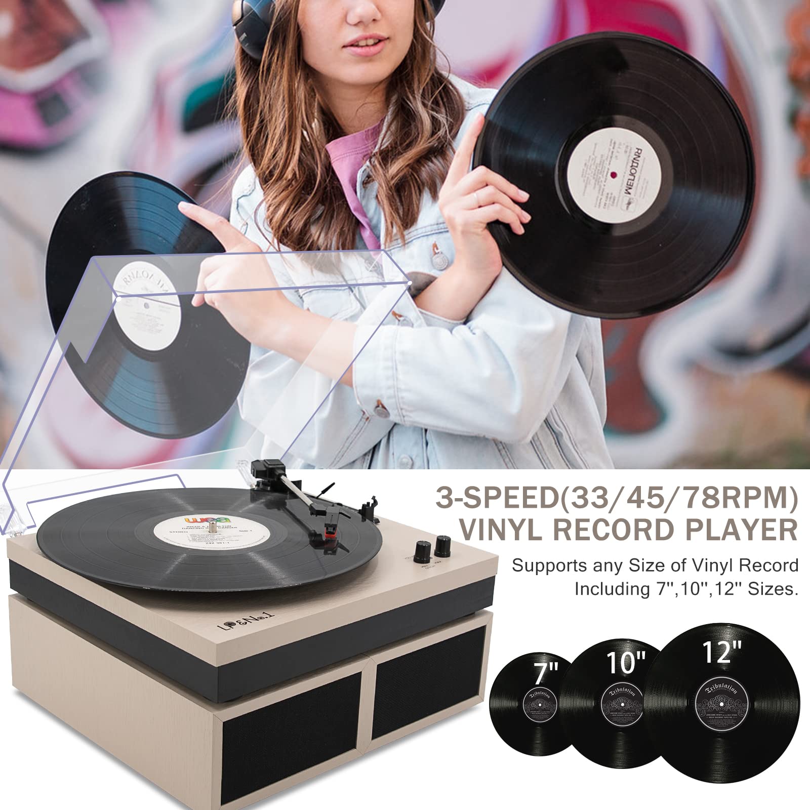 Record Player LP&No.1 Record Player with External Speakers, 3 Speed Vintage Belt-Drive Vinyl Turntable with Wireless Playback & Auto-Stop （Pink）