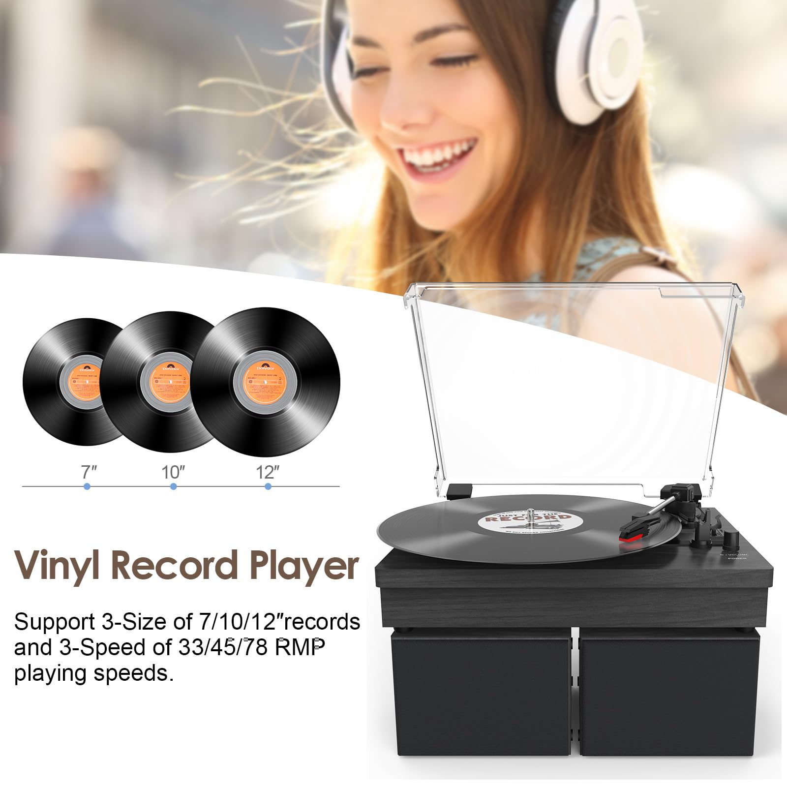 WOCKODER Record Player with Speakers, 3-Speed Vinyl Record Player with Dual Stereo Speakers Support Wireless Connection RCA Output Aux in USB Vintage Design Turntable Black, R612