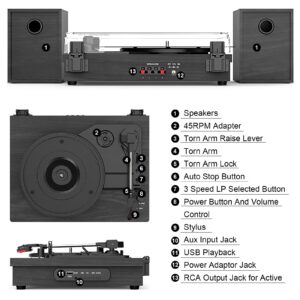 WOCKODER Record Player with Speakers, 3-Speed Vinyl Record Player with Dual Stereo Speakers Support Wireless Connection RCA Output Aux in USB Vintage Design Turntable Black, R612