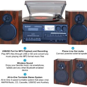 Boytone BT-28MB, Bluetooth Classic Style Record Player Turntable with AM/FM Radio, CD/Cassette Player, 2 Separate Stereo Speakers, Record from Vinyl, Radio, and Cassette to MP3, SD Slot, USB, AUX