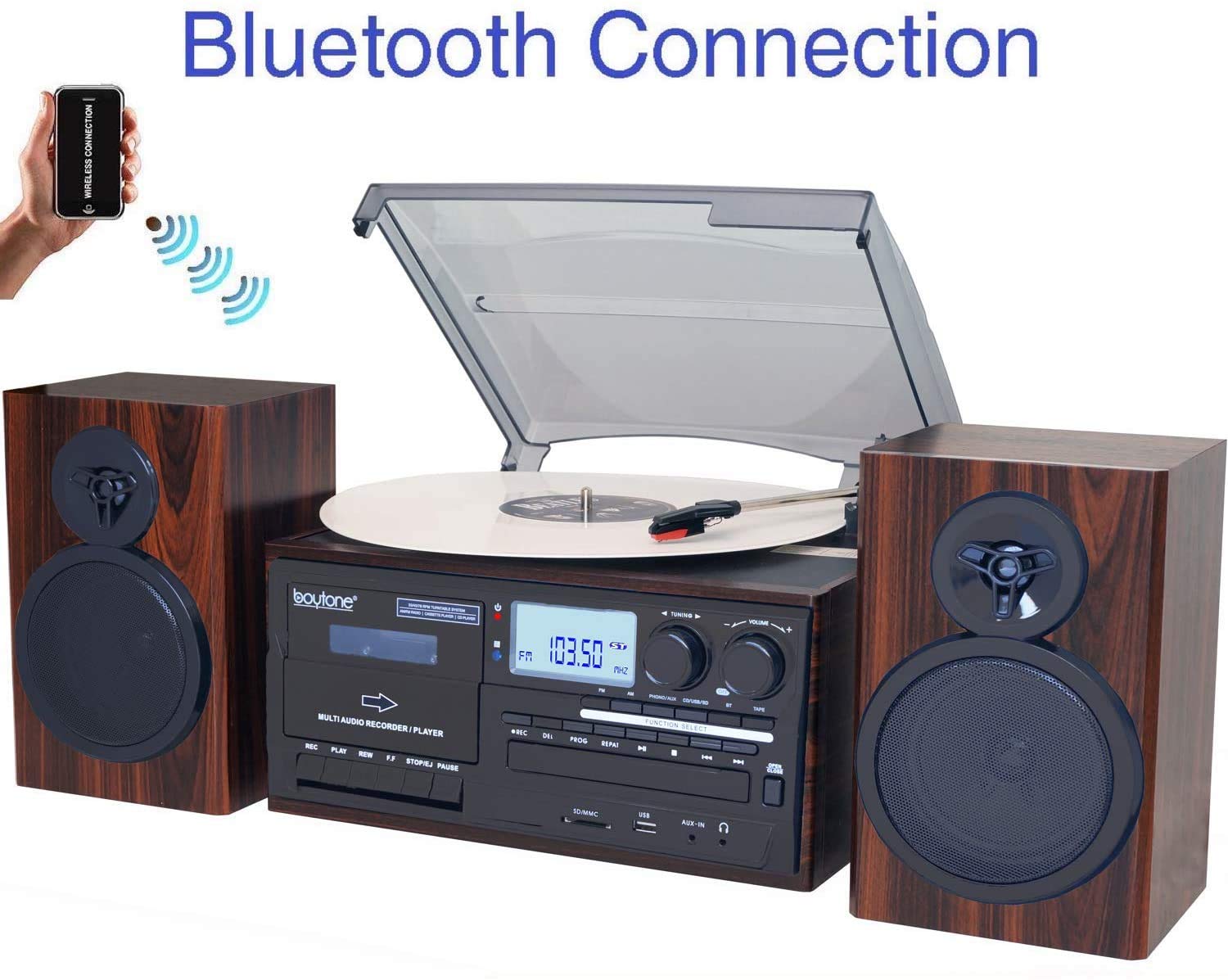 Boytone BT-28MB, Bluetooth Classic Style Record Player Turntable with AM/FM Radio, CD/Cassette Player, 2 Separate Stereo Speakers, Record from Vinyl, Radio, and Cassette to MP3, SD Slot, USB, AUX