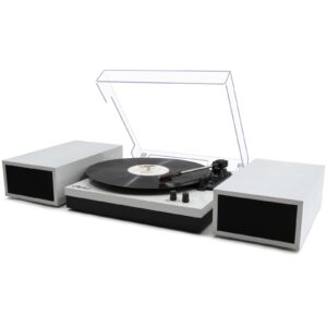 lp&no.1 record player with external speakers, 3 speed vintage belt-drive vinyl turntable with auto-stop (white pearl)