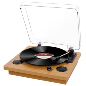 record player, popsky 3-speed turntable bluetooth vinyl record player with speaker, portable lp vinyl player, vinyl-to-mp3 recording, 3.5mm aux & rca & headphone jack