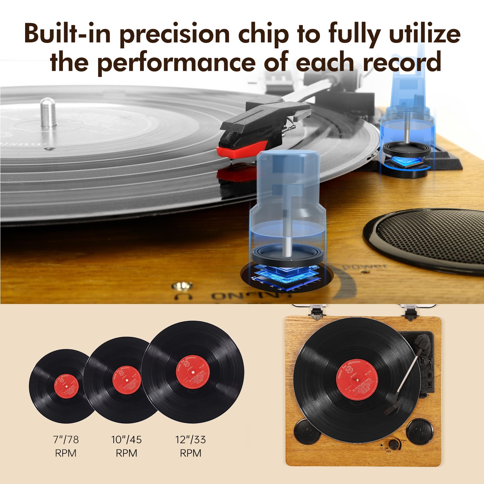 Record Player, Popsky 3-Speed Turntable Bluetooth Vinyl Record Player with Speaker, Portable LP Vinyl Player, Vinyl-to-MP3 Recording, 3.5mm AUX & RCA & Headphone Jack