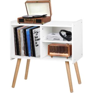 possile mid-century record player stand, vinyl record cabinet holder with storage up to 100 albums, record player table for living room bedroom office, turntable stand with wood legs, white