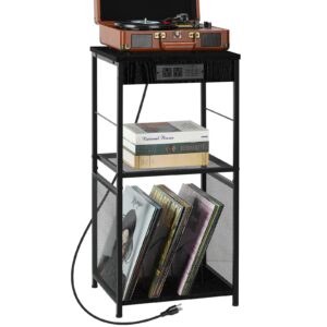 vinyl record storage, record player stand 3 tier vinyl records holder for 170 albums, black nightstand with charging station turntable stand record player table cabinet for living room bedroom