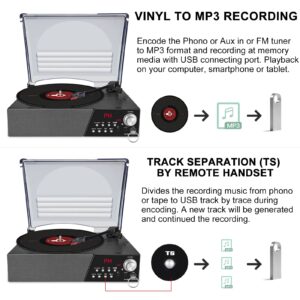 HONGUT Record Player, 3 Speed Turntable Vinyl Record Player with Bluetooth Speaker, MP3 Player Portable LP Vinyl Player with FM Stereo Radio, Vinyl to MP3 Recording Phonograph Player, Black